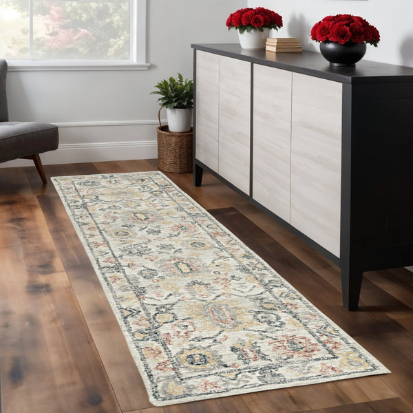 HomeRoots 8' Hand-Tufted Wool Runner Rug with Elegant Ivory Gray and Red Medallion Design for Hallways 8' Runner 374719