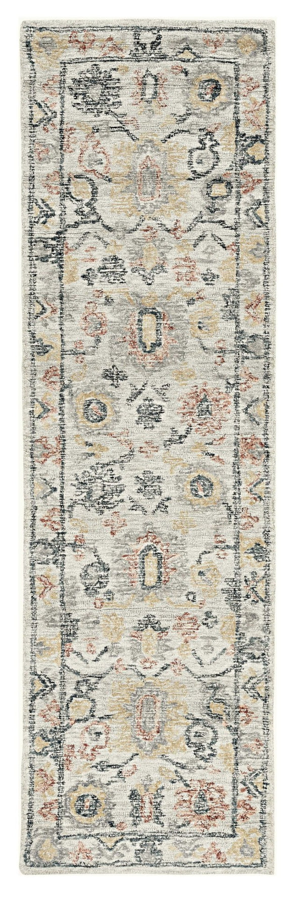 HomeRoots 8' Hand-Tufted Wool Runner Rug with Elegant Ivory Gray and Red Medallion Design for Hallways 8' Runner 374719