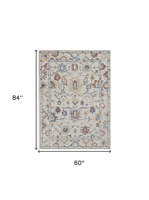 HomeRoots 8' Hand-Tufted Wool Runner Rug with Elegant Ivory Gray and Red Medallion Design for Hallways 5' X 7' 374720