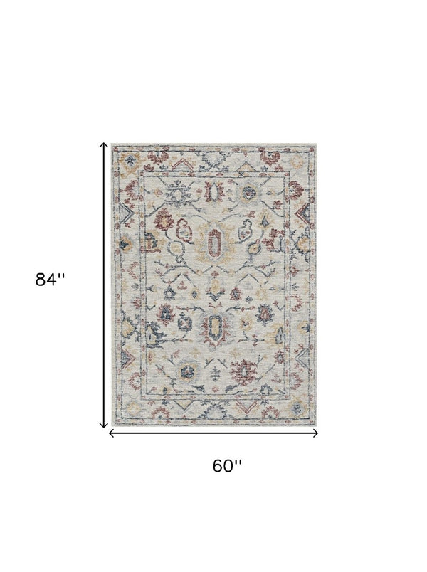 HomeRoots 8' Hand-Tufted Wool Runner Rug with Elegant Ivory Gray and Red Medallion Design for Hallways 5' X 7' 374720