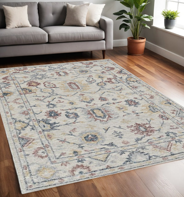 HomeRoots 8' Hand-Tufted Wool Runner Rug with Elegant Ivory Gray and Red Medallion Design for Hallways 5' X 7' 374720