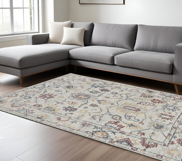HomeRoots 8' Hand-Tufted Wool Runner Rug with Elegant Ivory Gray and Red Medallion Design for Hallways 7' X 10' 374721