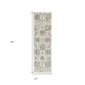 HomeRoots 8' Hand-Tufted Wool Runner Rug with Elegant Ivory, Gray, and Green Floral Design for Timeless Charm 8' Runner 374724