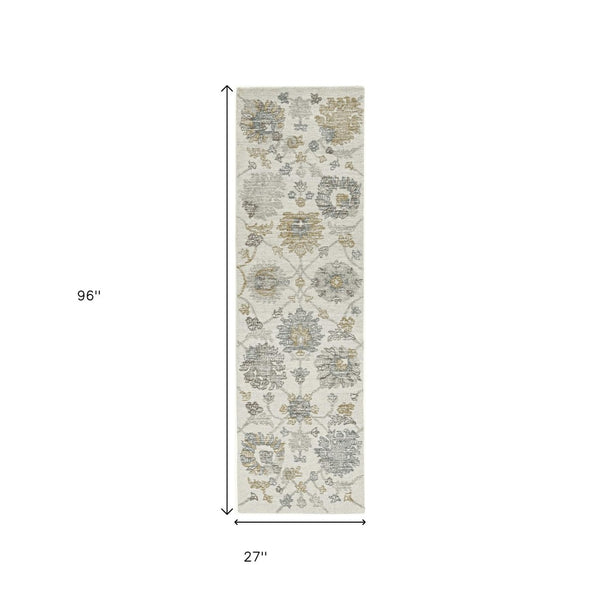 HomeRoots 8' Hand-Tufted Wool Runner Rug with Elegant Ivory, Gray, and Green Floral Design for Timeless Charm 8' Runner 374724