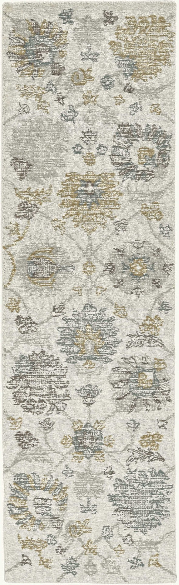 HomeRoots 8' Hand-Tufted Wool Runner Rug with Elegant Ivory, Gray, and Green Floral Design for Timeless Charm 8' Runner 374724