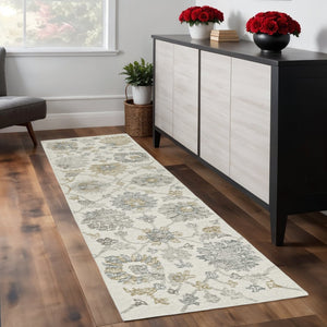 HomeRoots 8' Hand-Tufted Wool Runner Rug with Elegant Ivory, Gray, and Green Floral Design for Timeless Charm 8' Runner 374724
