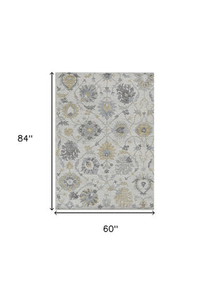 HomeRoots 8' Hand-Tufted Wool Runner Rug with Elegant Ivory, Gray, and Green Floral Design for Timeless Charm 5' X 7' 374725