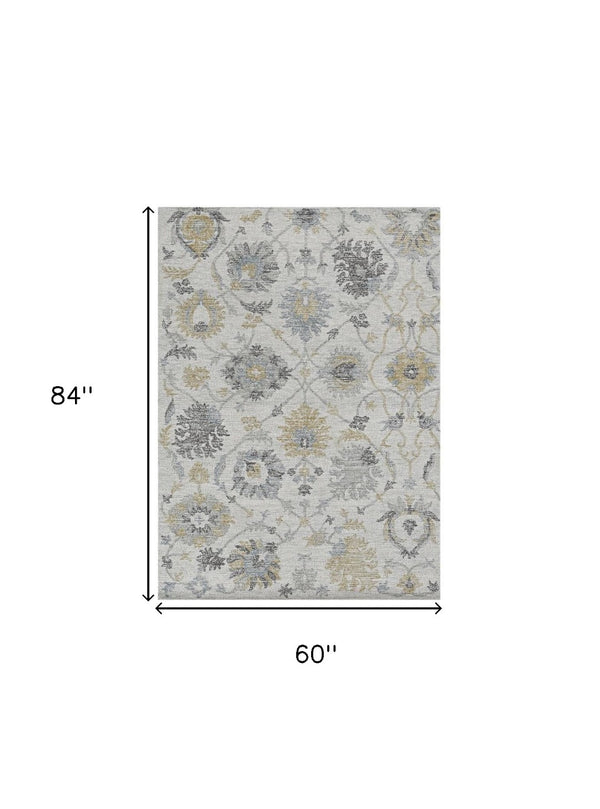 HomeRoots 8' Hand-Tufted Wool Runner Rug with Elegant Ivory, Gray, and Green Floral Design for Timeless Charm 5' X 7' 374725