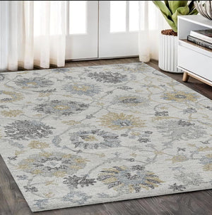 HomeRoots 8' Hand-Tufted Wool Runner Rug with Elegant Ivory, Gray, and Green Floral Design for Timeless Charm 5' X 7' 374725