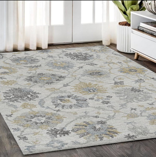 HomeRoots 8' Hand-Tufted Wool Runner Rug with Elegant Ivory, Gray, and Green Floral Design for Timeless Charm 5' X 7' 374725