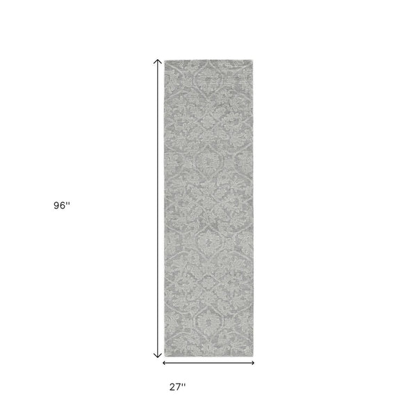 HomeRoots 8' Gray and Light Gray Floral Medallion Wool Runner Rug - Hand-Tufted Elegance for Any Space 8' Runner 374729