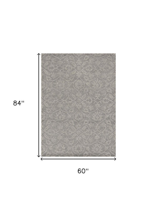 HomeRoots 8' Gray and Light Gray Floral Medallion Wool Runner Rug - Hand-Tufted Elegance for Any Space 5' X 7' 374730