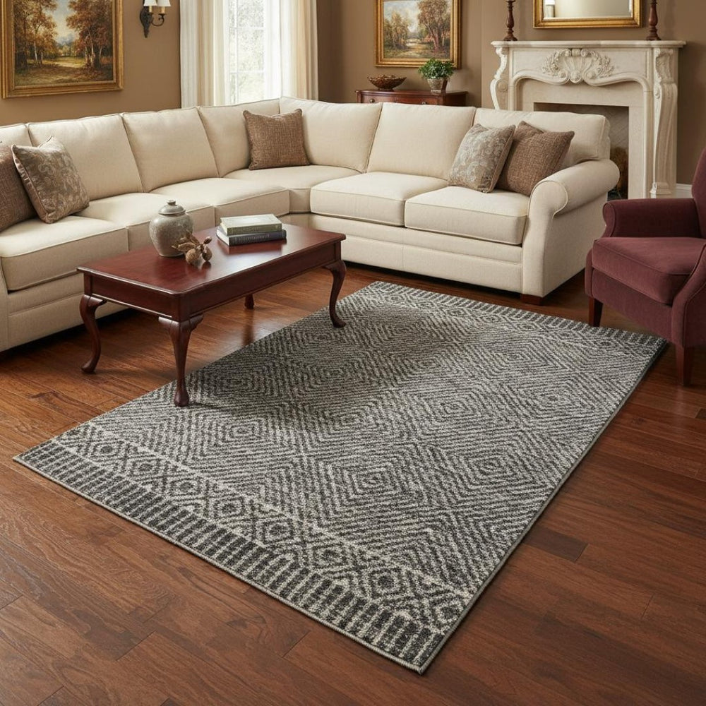 HomeRoots 7' Gray and Black Wool Geometric Hand-Tufted Area Rug - Modern Style for Living Room or Bedroom 7' X 10' 374736