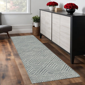 HomeRoots 8' Hand-Tufted Wool Runner Rug in Denim Blue and Gray - Stylish Geometric Design for Modern Spaces 8' Runner 374744