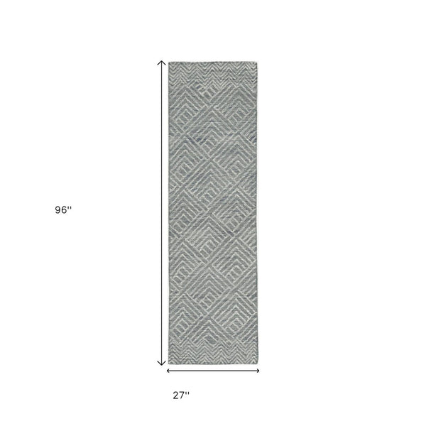 HomeRoots 8' Hand-Tufted Wool Runner Rug in Denim Blue and Gray - Stylish Geometric Design for Modern Spaces 8' Runner 374744