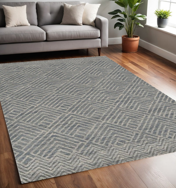 HomeRoots 8' Hand-Tufted Wool Runner Rug in Denim Blue and Gray - Stylish Geometric Design for Modern Spaces 5' X 7' 374745