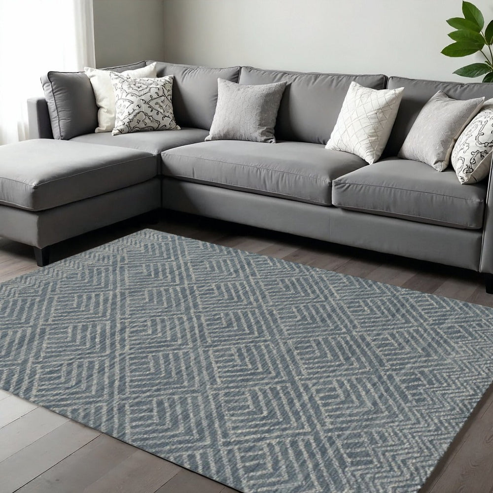 HomeRoots 9' Handcrafted Wool Area Rug with Geometric Design in Denim Blue and Gray for Modern Spaces 9' X 13' 374748