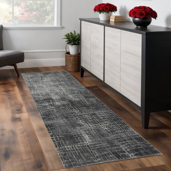 HomeRoots 7' Contemporary Gray Abstract Area Rug - Soft, Durable, Stylish Design for High-Traffic Spaces 7' Runner 374753