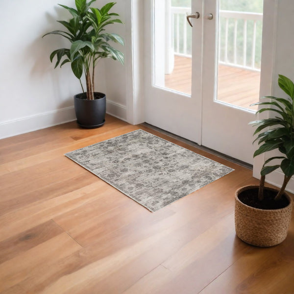 Homeroots 3' X 5' Gray Floral Vines Hand Loomed Distressed Area Rug  Viscose 374758