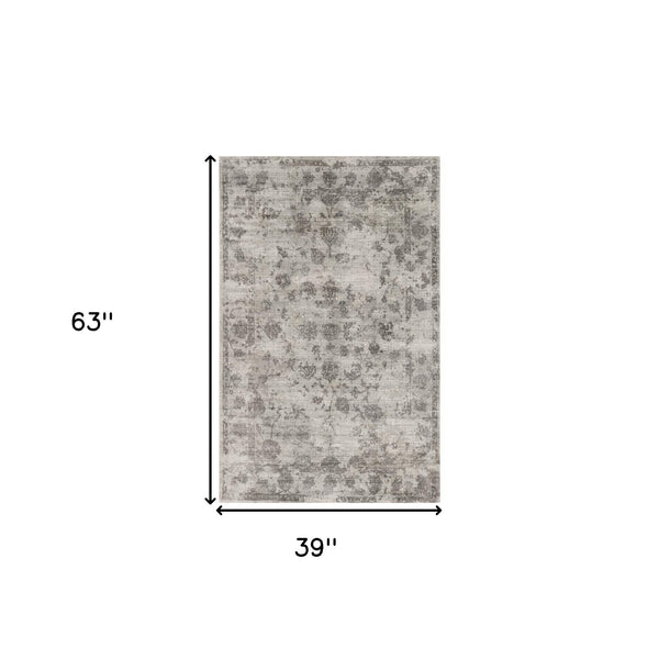 Homeroots 3' X 5' Gray Floral Vines Hand Loomed Distressed Area Rug  Viscose 374758