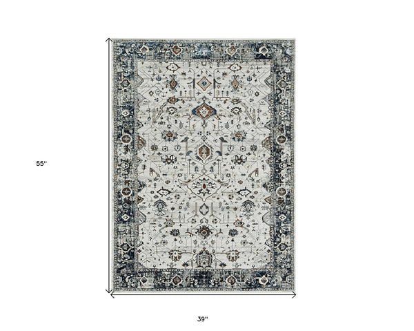 Homeroots 3' X 5' Gray And Ivory Floral Distressed Area Rug  Polyester 374764