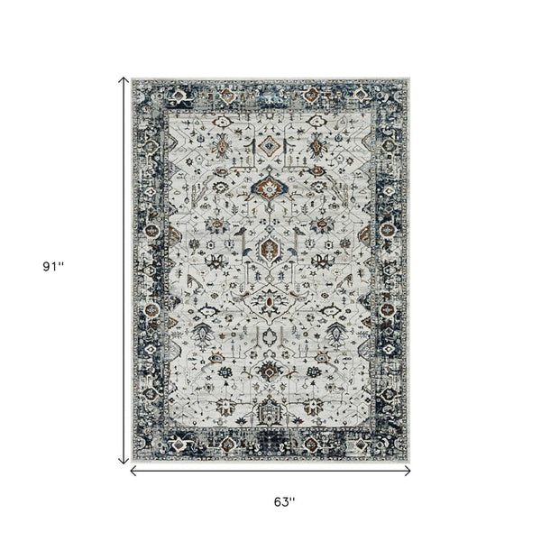 HomeRoots 5' Ivory and Gray Floral Medallion Area Rug - Timeless Elegance, Durable, Stain-Resistant Design for Any Space 5' X 8' 374765