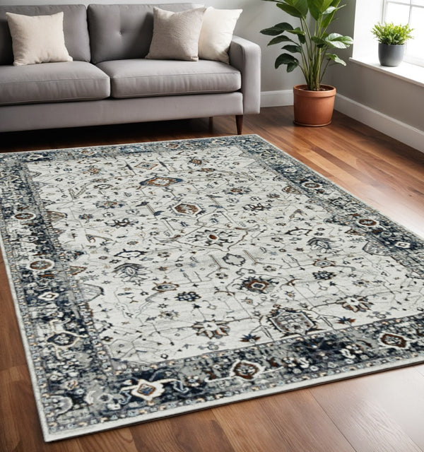 HomeRoots 5' Ivory and Gray Floral Medallion Area Rug - Timeless Elegance, Durable, Stain-Resistant Design for Any Space 5' X 8' 374765