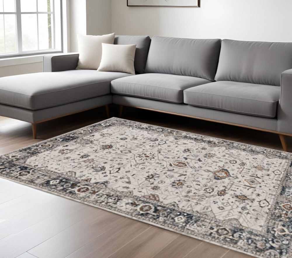 HomeRoots 7' Elegant Traditional Floral Area Rug in Ivory, Gray, and Brown – Durable, Stain-Resistant Design 7' X 10' 374766