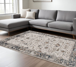 HomeRoots 7' Elegant Traditional Floral Area Rug in Ivory, Gray, and Brown – Durable, Stain-Resistant Design 7' X 10' 374766