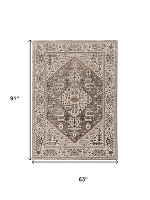 HomeRoots 5' Elegant Gray Brown Teal Floral Medallion Area Rug for Timeless Style and Durability in Homes 5' X 8' 374771