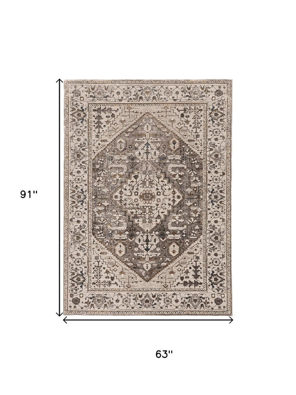 HomeRoots 5' Elegant Gray Brown Teal Floral Medallion Area Rug for Timeless Style and Durability in Homes 5' X 8' 374771
