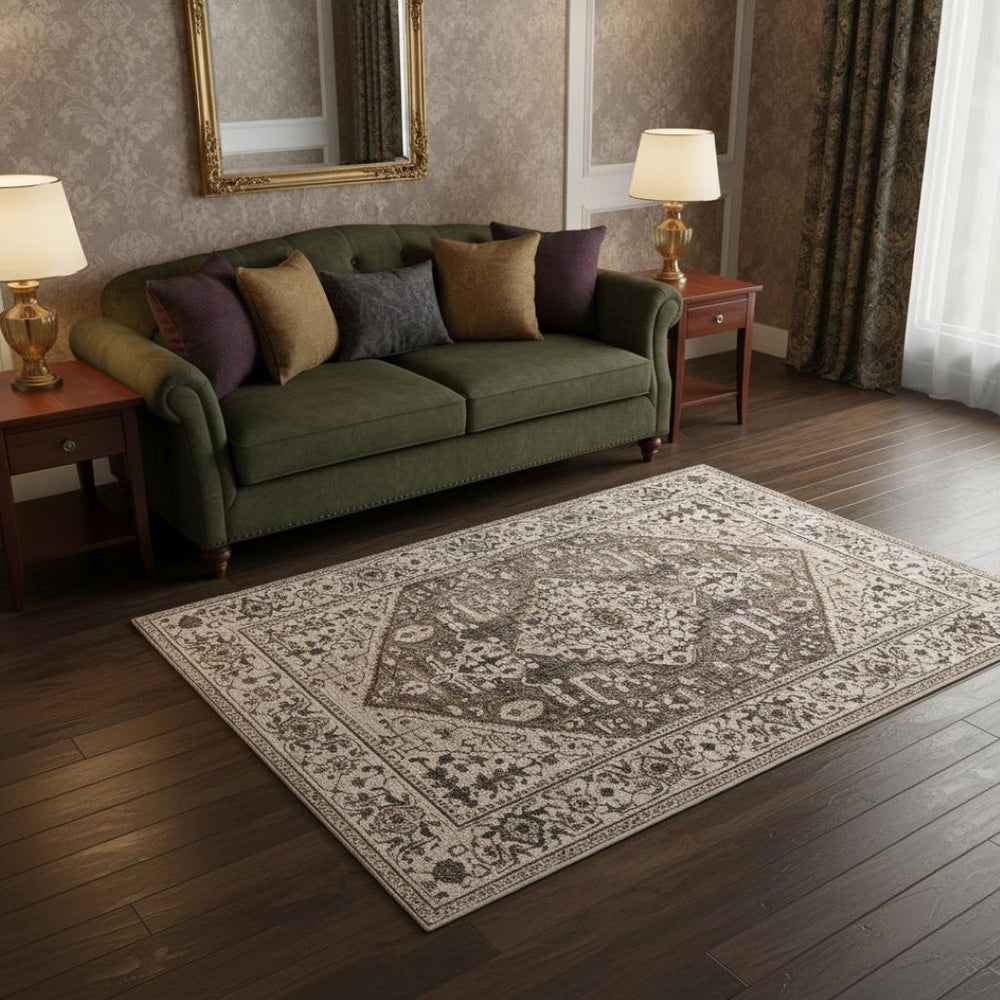 HomeRoots 5' Elegant Gray Brown Teal Floral Medallion Area Rug for Timeless Style and Durability in Homes 5' X 8' 374771