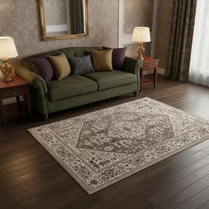 HomeRoots 5' Elegant Gray Brown Teal Floral Medallion Area Rug for Timeless Style and Durability in Homes 5' X 8' 374771