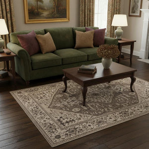 HomeRoots 5' Elegant Gray Brown Teal Floral Medallion Area Rug for Timeless Style and Durability in Homes 5' X 8' 374771