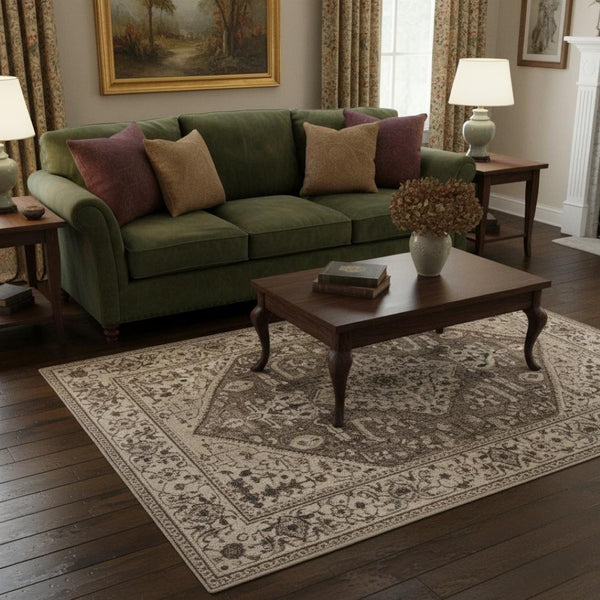 HomeRoots 5' Elegant Gray Brown Teal Floral Medallion Area Rug for Timeless Style and Durability in Homes 5' X 8' 374771
