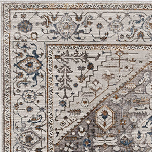 HomeRoots 7' Elegant Floral Medallion Area Rug in Ivory, Gray, and Brown - Soft, Durable, Stain-Resistant Design 7' X 10' 374772