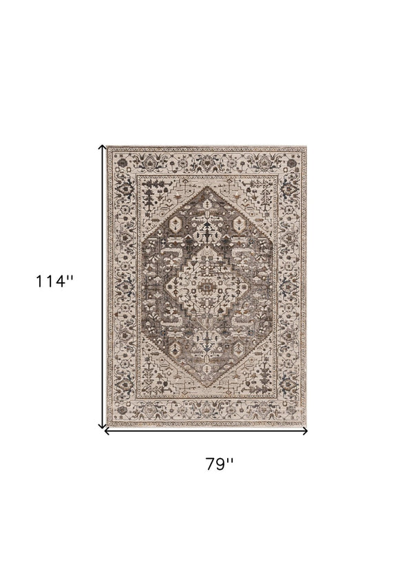 HomeRoots 7' Elegant Floral Medallion Area Rug in Ivory, Gray, and Brown - Soft, Durable, Stain-Resistant Design 7' X 10' 374772