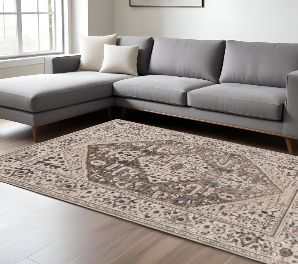HomeRoots 7' Elegant Floral Medallion Area Rug in Ivory, Gray, and Brown - Soft, Durable, Stain-Resistant Design 7' X 10' 374772