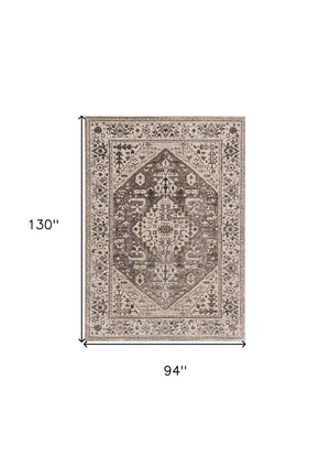 HomeRoots 7' Elegant Floral Medallion Area Rug in Ivory, Gray, and Brown - Soft, Durable, Stain-Resistant Design 8' X 11' 374773