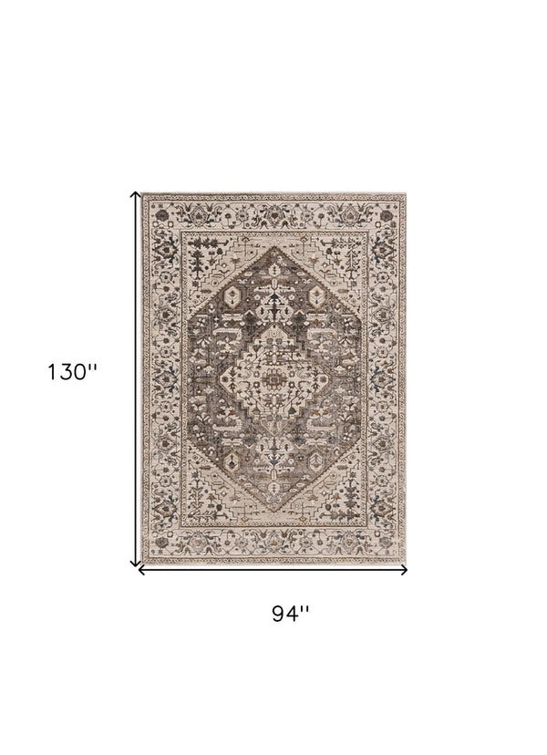 HomeRoots 7' Elegant Floral Medallion Area Rug in Ivory, Gray, and Brown - Soft, Durable, Stain-Resistant Design 8' X 11' 374773