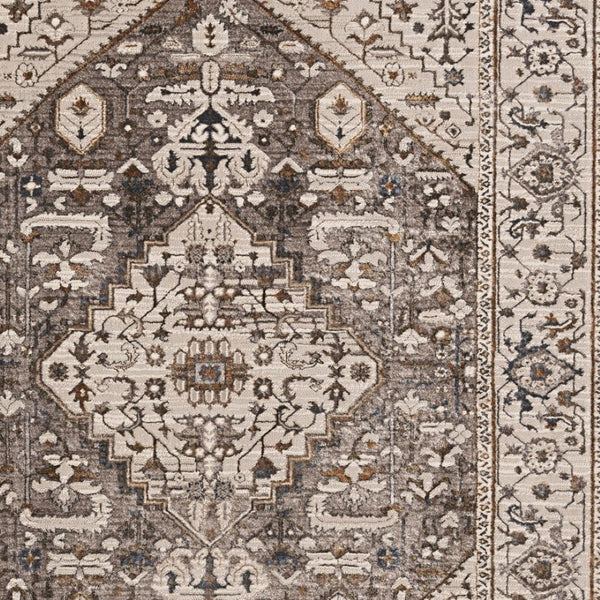 HomeRoots 7' Elegant Floral Medallion Area Rug in Ivory, Gray, and Brown - Soft, Durable, Stain-Resistant Design 8' X 11' 374773