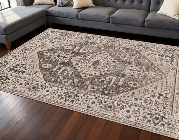 HomeRoots 10' Ivory Gray and Brown Floral Medallion Area Rug - Timeless Elegance for Your Living Space 10' X 13' 374774