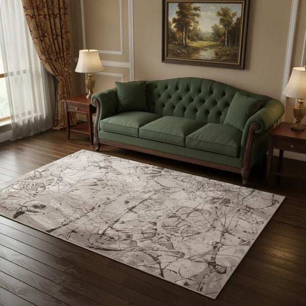 HomeRoots 5' Abstract Area Rug in Ivory, Gray & Brown - Modern, Durable, Stain-Resistant for Any Room 5' X 8' 374777