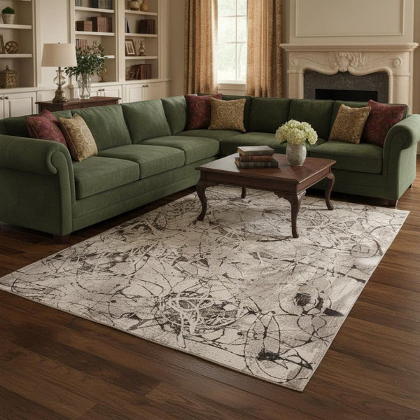 HomeRoots 5' Abstract Area Rug in Ivory, Gray & Brown - Modern, Durable, Stain-Resistant for Any Room 8' X 11' 374779