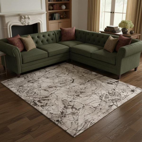 HomeRoots 5' Abstract Area Rug in Ivory, Gray & Brown - Modern, Durable, Stain-Resistant for Any Room 8' X 11' 374779