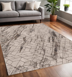 HomeRoots 5' Geometric Ivory and Brown Area Rug - Durable, Stain-Resistant Comfort for Living Spaces and More 5' X 8' 374783