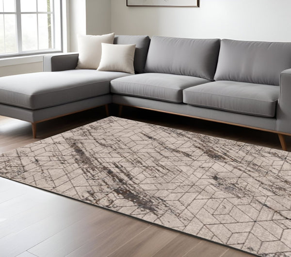 HomeRoots 5' Geometric Ivory and Brown Area Rug - Durable, Stain-Resistant Comfort for Living Spaces and More 8' X 11' 374785