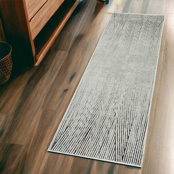 Homeroots 7' Ivory Grey Machine Woven Geometric Lines Indoor Runner Rug  Polyester 374787