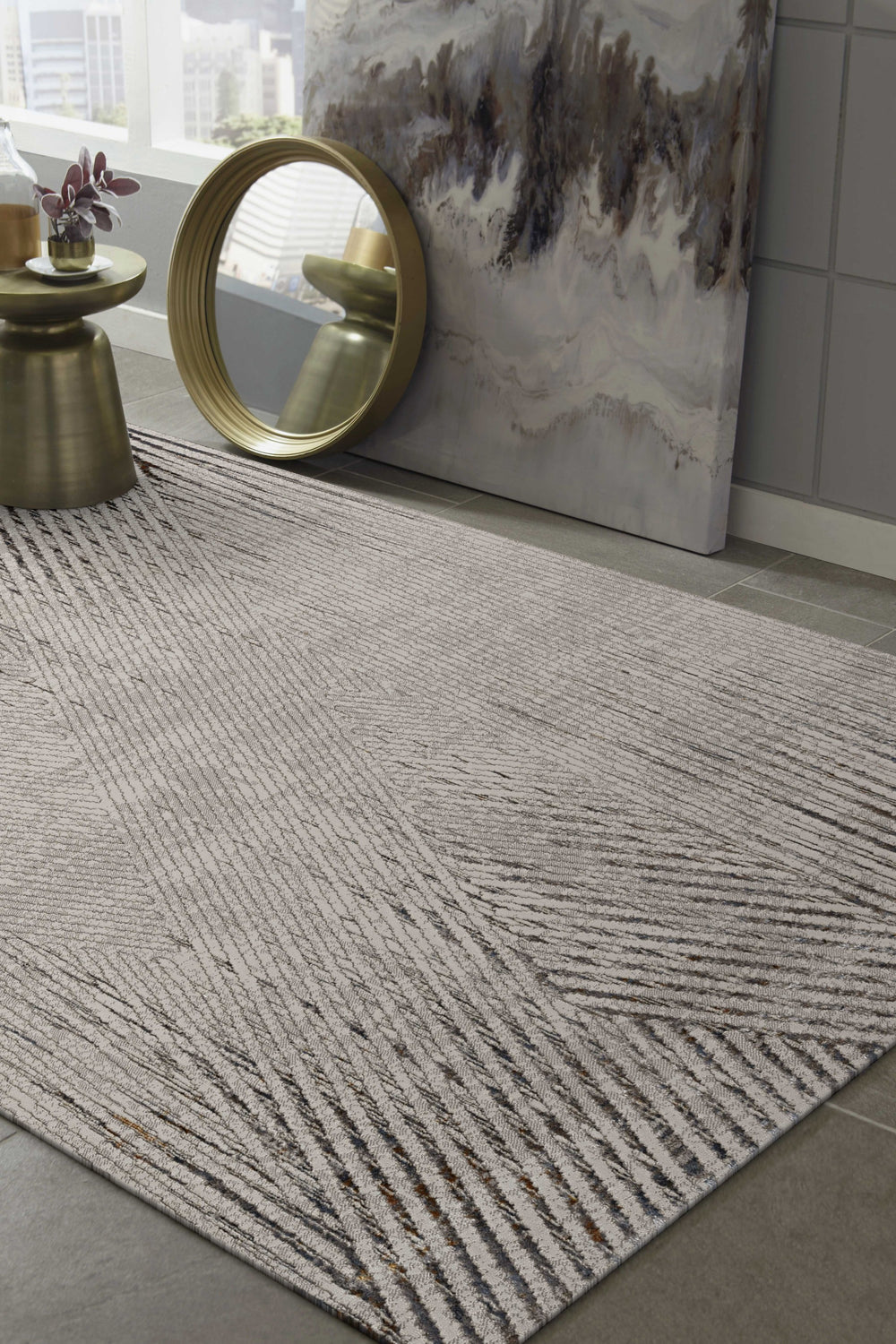 Homeroots 5' X 8' Ivory Grey Machine Woven Geometric Lines Indoor Area Rug  Polyester 374789