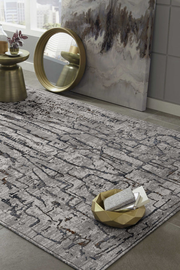 HomeRoots 5' Gray and Black Abstract Distressed Area Rug - Modern Comfort, Durable Design for Any Space 6' X 9' 374802